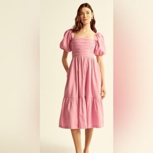 Abercrombie & Fitch - Emerson Linen-Blend Puff Sleeve Midi Dress - Pink/Peach